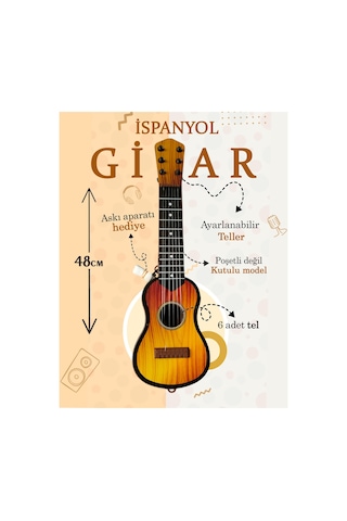 Kahverengi Oyuncak Ispanyol Gitar 6 Telli Akort Edilebilir 48 Cm