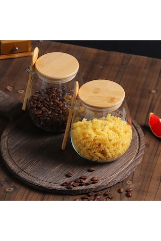 Tombul 3lü Borosilikat Cam Bambu Kapaklı Kavanoz Baharatlık Seti 600 Ml Şeffaf