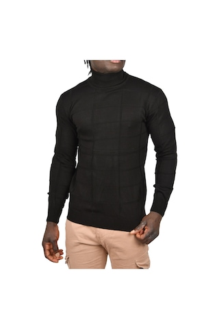 Deepsea Erkek Siyah Kare Desenli Balıkçı Yaka Slim Fit Boğazlı Triko Kazak 2505493 Siyah