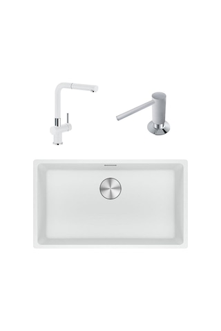 Franke Maris MRG 210/110-72 Bianco Granit Eviye + Actıve Plus Doccia Armatür + Sıvı Sabunluk Üçlü Set