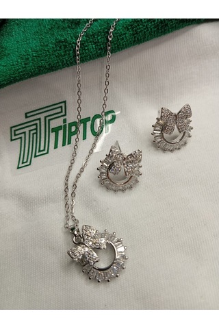 Tiptop/ Gümüş Renk Zirkon Taşlı Baget Fiyonk Model Kolye Ve Küpe Seti Gümüş
