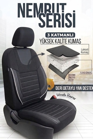 Nemrut Serisi Lakost Kumaş Universal Oto Koltuk Kılıfı Tam Set Siyah-Beyaz