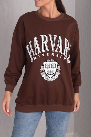 Armonika Kadın Kahve Önü Yazılı Yuvarlak Yaka Oversize Uzun Kol Sweatshirt Arm-24k024005