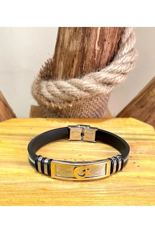 Ay Yıldız Figürlü Silikon Kordon Çelik Mixli Trend Model Erkek Bileklik 22 Cm Altın - Siyah