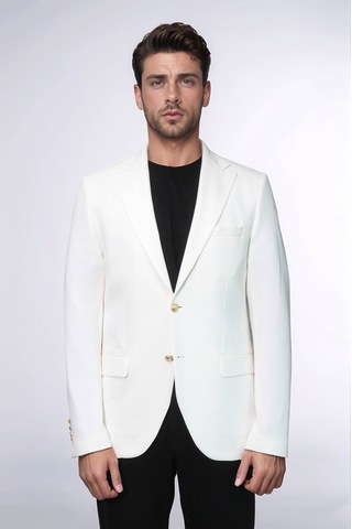 Ekru Kedinden Desenli Örme Altın Renk Metal Düğmeli Slim Fit Erkek Blazer Ceket - Wessi Blue