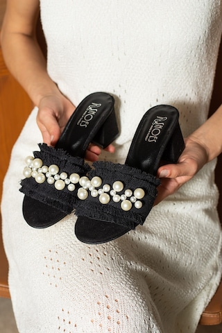 Dabab Shoes Nubıa Kadın İnci Detaylı Hasır Topuklu Siyah Terlik Sandalet