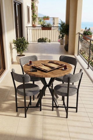 Mutfak Masası 4 Sandalyeli Set 90 Çap Yuvarlak Cafe Balkon Ofis Masa Yemek Takımı Teddy 9861 Antrast Gri