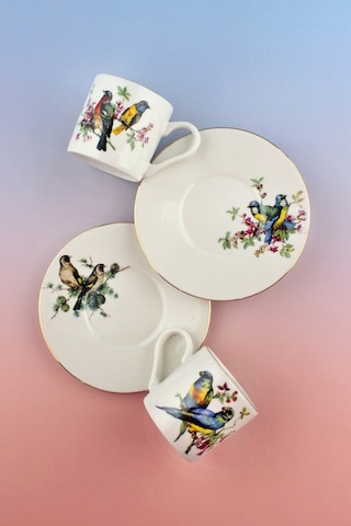 Renkli Kuşlar Altın Yaldızlı İki Kişilik Kahve Fincan Takımı Beyaz