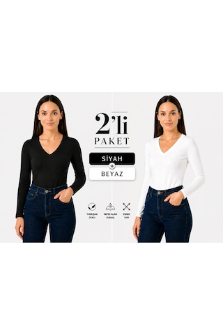 İngegno Body V Yaka Uzun Kol Viskon Örme Kumaş Badi 2 Li Paket Siyah Ve Beyaz Siyah - Beyaz İngegno Body V Yaka Uzun Kol Viskon Örme Kumaş Badi 2 Li Paket Siyah Ve Beyaz Siyah - Beyaz
