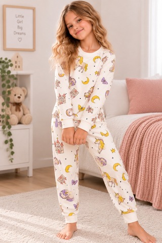 Free Beka Desenli Bisiklet Yaka %100 Pamuklu İnterlok Kumaş Kız Çocuk Uzun Kollu Pijama Takımı Ekru