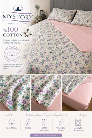 %100 Pamuk Çift Kişilik Nevresim Takımı Spring Bloom Pudra Yeşil Pudra Lila