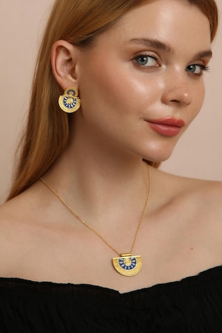 Madam Matmazel Otantik Model Gümüş Kadın Takı Set, Tamamı 925 Ayar, Küpe,kolye, Mavi Mineli Altın