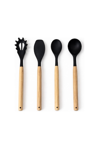 11 Parça Bambu Saplı Silikon Mutfak Seti Kaşıklıklı Isıya Dayanıklı Spatula Kepçe Çırpıcı Maşa Seti Siyah