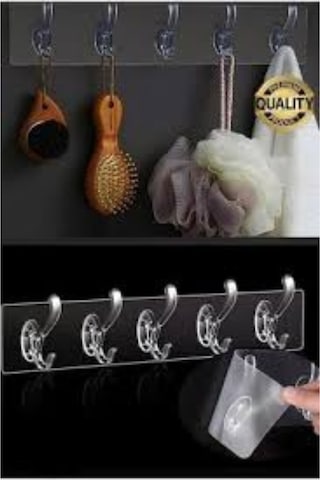 5'li Yapışkanlı Şeffaf Duvar Askısı Banyo Mutfak Düzenleyici Askı Pratik Kanca Askılık Şeffaf