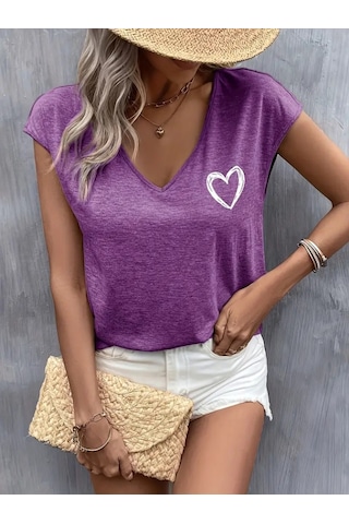 Kadın Kısa Kollu V Yakalı Kalp Baskılı Viskon Bluz Mor