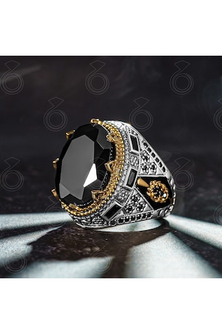 925 Ayar Gümüş Siyah Zirkon Taşlı Mineli Erkek Yüzük Gümüş