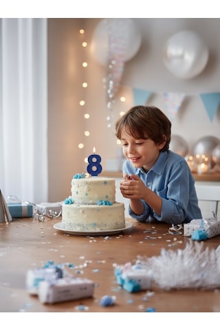 Lacivert Simli Pasta Mumu Doğum Günü Mum 8 Yaş