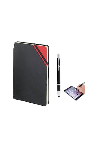 Kırmızı Touchpen Metal Tükenmez Kalemli Dikişli Çizgili Defter