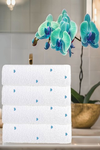 4 Lü Kalp Nakış İşlemeli El Yüz Havlu Seti %100 Pamuklu 50x90 Cm Hand Of Love Turkuaz