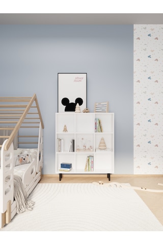 Ligno Mobilya Beyaz Montessori Çocuk Odası Kitaplığı - 103 CM Oyuncak ve Kitap Düzenleyici, Robot Süpürge Uyumlu 9 Küp Bölmeli Dolap