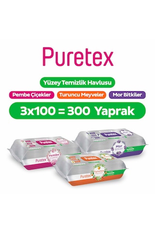 Puretex Yüzey Temizlik Havlusu Pembe Çiçekler+turuncu Meyveler+mor Bitkiler 3x100 300 Yaprak Beyaz