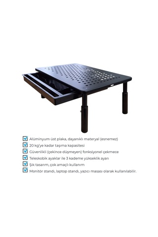 Upway Çekmeceli Metal Laptop & Monitör Standı - Yükseklik Ayarlı 20 Kg Kapasiteli