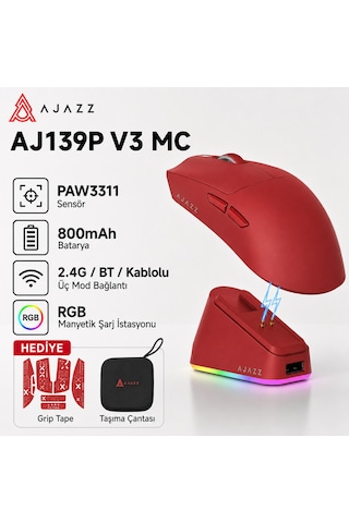 Aj139p V3 Mc Kablosuz Oyuncu Mouse-800 Mah Batarya Rgb Şarj İstasyonu Çanta Ve Tape Diğer