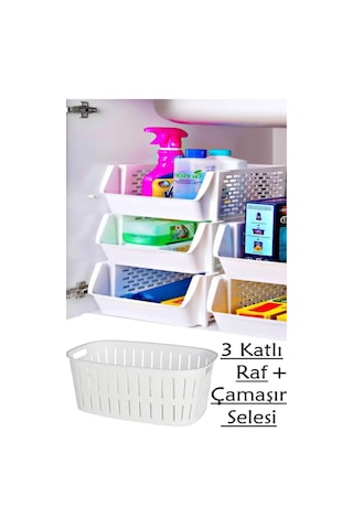 Bayev 4'lü Banyo Seti 3 Katlı Raf + Çamaşır Selesi Ayrılabilir Banyo Rafı Beyaz