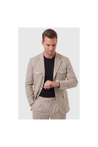 Deepsea Erkek Bej Safari Ceketli Slim Fit 2'li Takım Elbise Pileli Duble Paça Pantolon 2600723