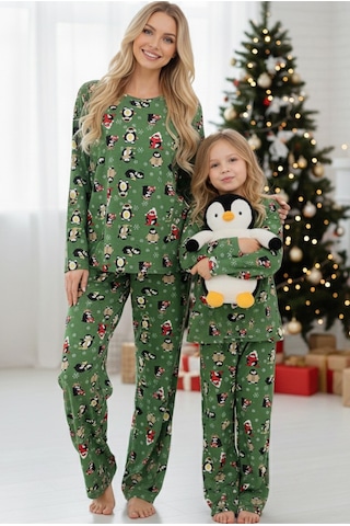 Siyah İnci %100 Pamuklu Puanlı Şeker Baston Desenli Yılbaşı Temalı Örme Pijama Takım Yeşil Penguen