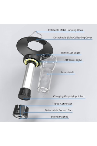 Pazly Su Geçirmez Manyetik Usb Tripod Fener, Taşınabilir Kamp Işık, Dış Mekan Çadır Acil Durum Çalışma Siyah Siyah