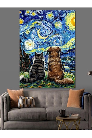 Van Gogh Yıldızlı Gece Soyut Kedi Ve Köpek Dekoratif Kanvas - Mdf Ahşap Tablo