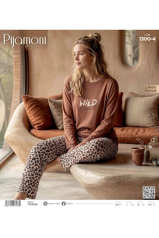 Pijamoni Kadın Likralı Pamuklu Bisiklet Yaka Uzun Kol İnce Pijama Takımı 1300/4 - 1 Adet Kahverengi