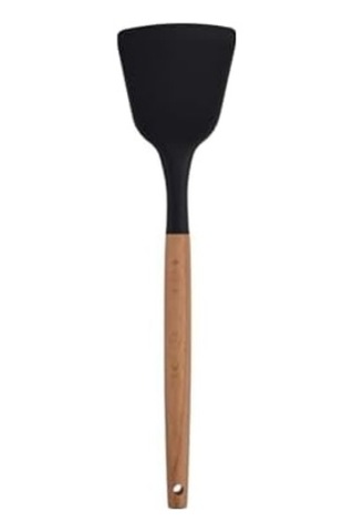 Ahşap Saplı Silikon Mutfak Servis Ve Hazırlama Açılı Spatula, Siyah, 1 Adet 0