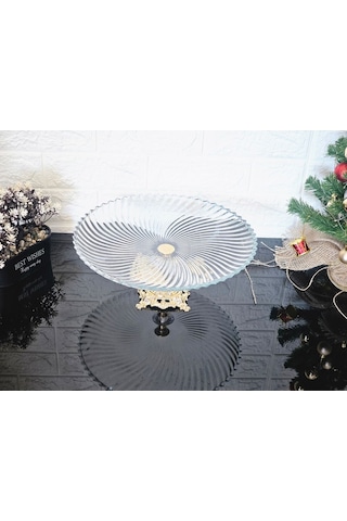 Büyük Boy 31 Cm Yuvarlak Sunumluk & Servis Tabağı Döküm Kare Gold Ayak Beyaz