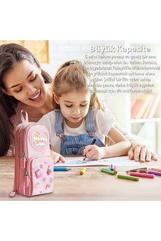 Ally Kawaii Büyük Kapasiteli Tuval Kalem Çantası Kızlar İçin Kılıf Tutucu Kutusu - Pembe Pembe