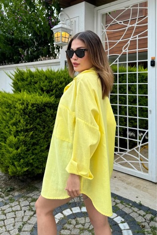 Rouge Basıc Oversize Keten Dokulu %100 Pamuk Salaş Gömlek Sarı