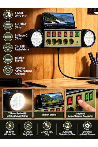 5'li Akım Korumalı Priz 1 Usb 1 Type-c 2 Led Işıklı 2m Kablolu Anahtarlı Güç İstasyonu 0 - 2 M
