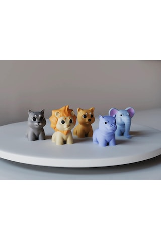 Renkli Mini Hayvan Figürleri Seti - Aslan, Kedi, Köpek, Fil, Su Aygırı Küçük Boy 5'li Paket