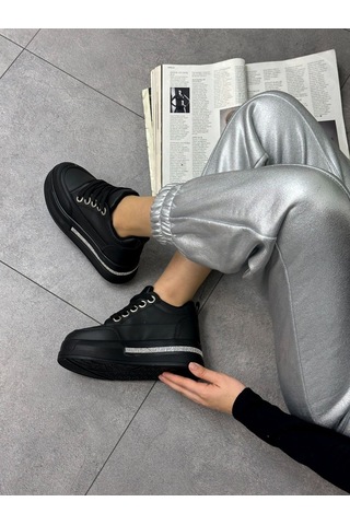 Erva'nın Butiği Siyah Cilt Miles Taş Detay Yüksek Taban Bağcıklı Sneakers-5636