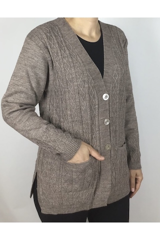 Önü Düğmeli Cepli Yünlü Kısa Anne Hırka Vizon