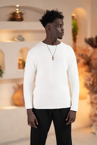 Regular Fit Likralı Kendinden Çizgili Mevsimlik Spor Kazak Beyaz