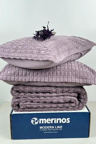 Merinos Twist Çift Kişilik Battaniye Seti Mürdüm Mürdüm