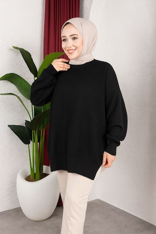 Hira Life Fashion Kadın Testtür Giyim Bisiklet Yaka Yırtmaçı Taşlı Ve Balon Kollu Oversize Şık Triko Tunik Siyah Siyah