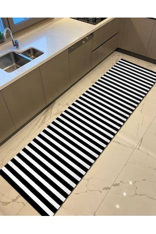 Yatay Çizgi Sade, Kaymaz Deri Taban Mutfak Halısı