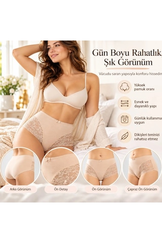 Genel Kadın Pamuklu Yüksek Bel Güpürlü Bato Külot Siyah Ten Yanları Dantelli Günlük Ve Rahat İç Çamaşırı