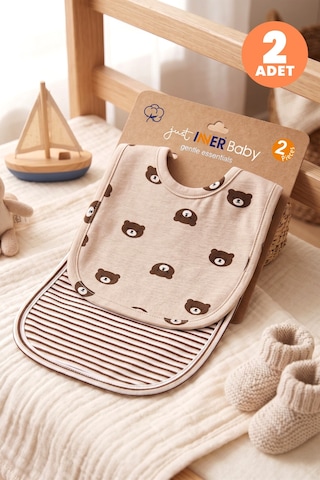 Just Inner Erkek Bebek 2'li Pamuklu Önlük Ayıcık Ve Çizgili Desenli Çıtçıtlı Çift Katlı Cilt Dostu 584302 Bej