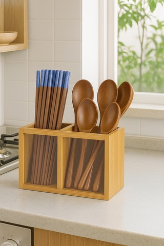 Bambu Kaşıklık Kutusu 5x13 Cm Doğal Mutfak Düzenleyici Ve Servis Kutusu Bambu