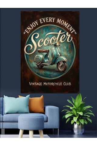 Retro Scooter Ve Özgürlük Yazısı Dekoratif Kanvas - Mdf Ahşap Tablo