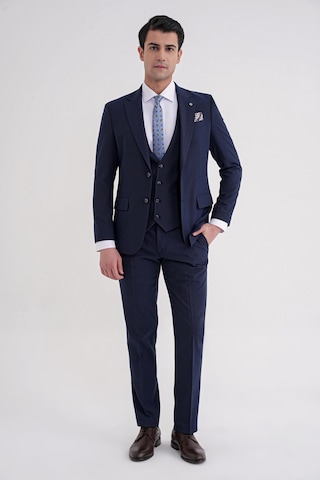 Efor Slim Fit Çift Yırtmaç Ekoseli Esnek Yünlü Yelekli Klasik Lacivert Takım Elbise Tk 934 Lacivert